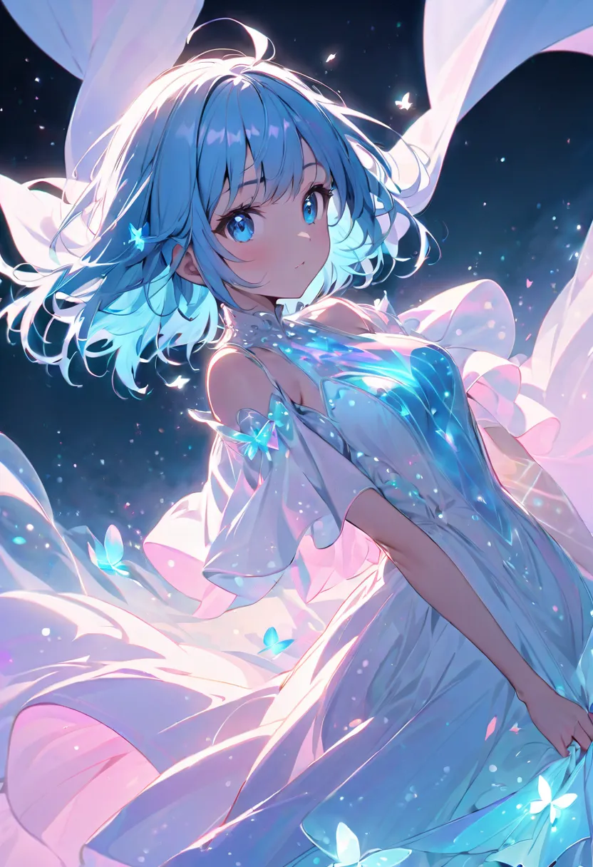 Create an anime-style digital illustration。In soft pink and blue tones。, Pastel blue hair and vibrant blue eyes. She should wear white clothing, A flowing dress that reflects and shines with light. The background should be ethereal, Feature a young woman w...