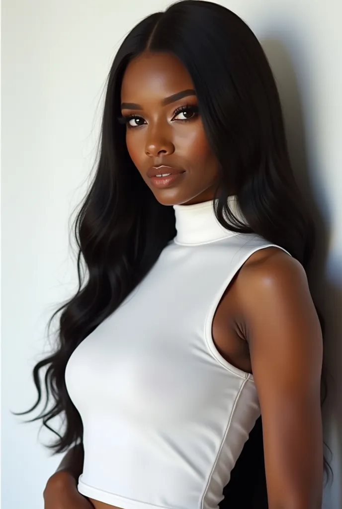 A close up half realistic image of a beautiful Nigerian size 14 woman Melanin skin,wearing a turtle neck white top with sleeves,with a flawless makeup,with a bone straight human hair 30 inches,wearing an high heel shoes, in a white background