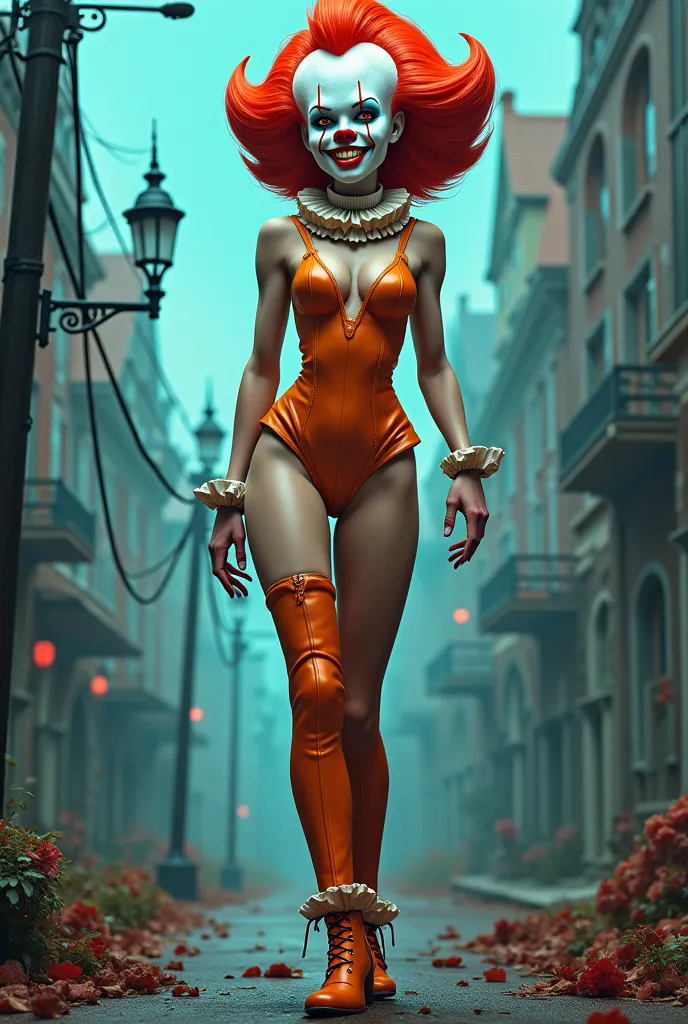 Female Pennywise from the horror movie IT wearing a orange leotard thong high heels to knees background Derry cartoon 