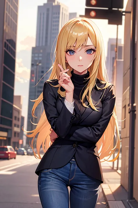 a mature blonde woman with long blonde hair parted in two in city clothes, blazer, jeans, turtleneck