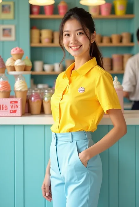 Yellow and light blue ice cream shop work uniform 