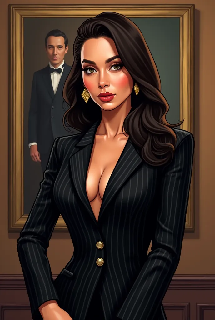 Draw an illustration like a cartoon: , a high-profile charismatic 27-year-old girl in a black striped suit and expensive earrings - she stands confidently, and behind it is a painting with Don Corleone in the background