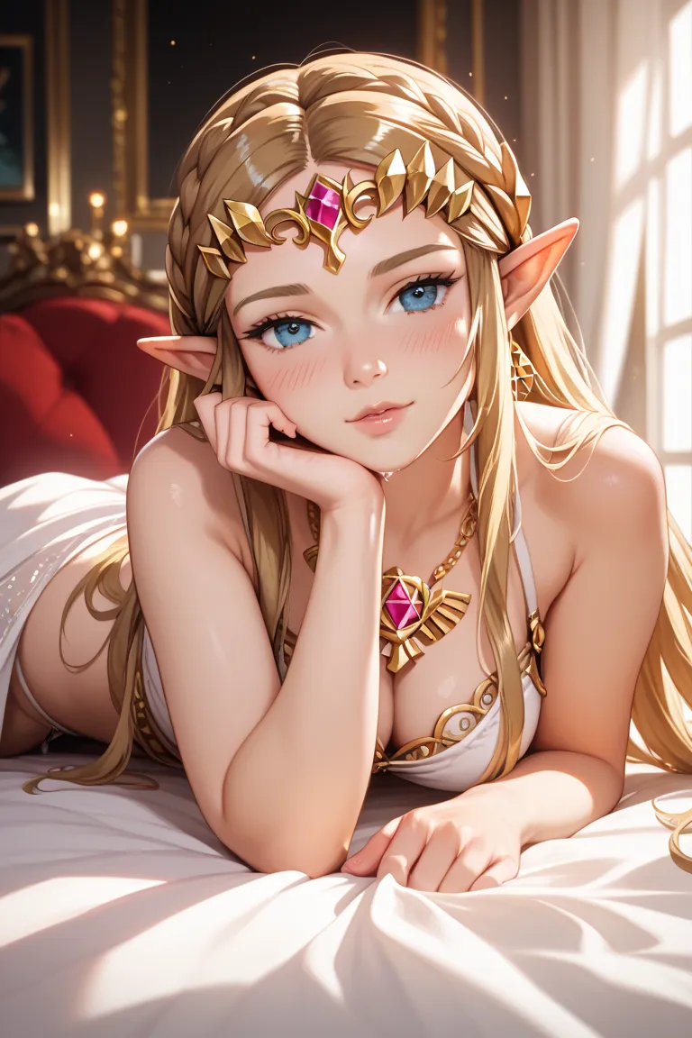 Princess Zelda、Alluring、front、on the bed、on all fours、blush、Love juice、Love juiceが大量、Lie down、My head is on the bed sheet、I'm raising my hips、Kamigami、 dress、Bury your face in a man&#39;s crotch