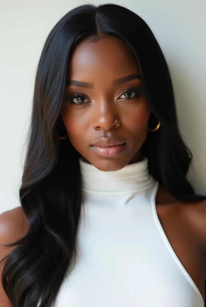 A close up half realistic image of a beautiful Nigerian size 14 woman Melanin skin,wearing a turtle neck white top with sleeves,with a flawless makeup,with a bone straight human hair 30 inches,wearing an high heel shoes, in a white background