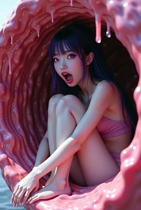 Japanese woman with long dark purple hair and wet pink highlights, eyes in purple, shocked face, screaming mouth, skin full of white mucus, sitting curled up, knees raised (Kneeling, bending knees) Hands and arms are dancing, inside the stomach there is no...