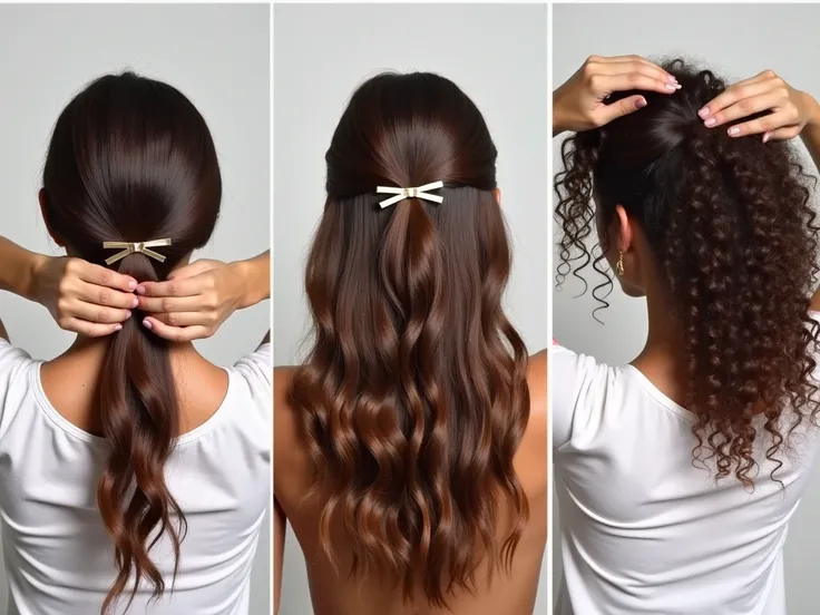 "Image of three women,  each with a different type of hair  (seeds, wavy and curly). A mulher com cabelo seeds está ajustando um grampo fininho perto da raiz; the woman with wavy hair is using crossed hairpins in the shape of "x" in a semi-fastened hairsty...