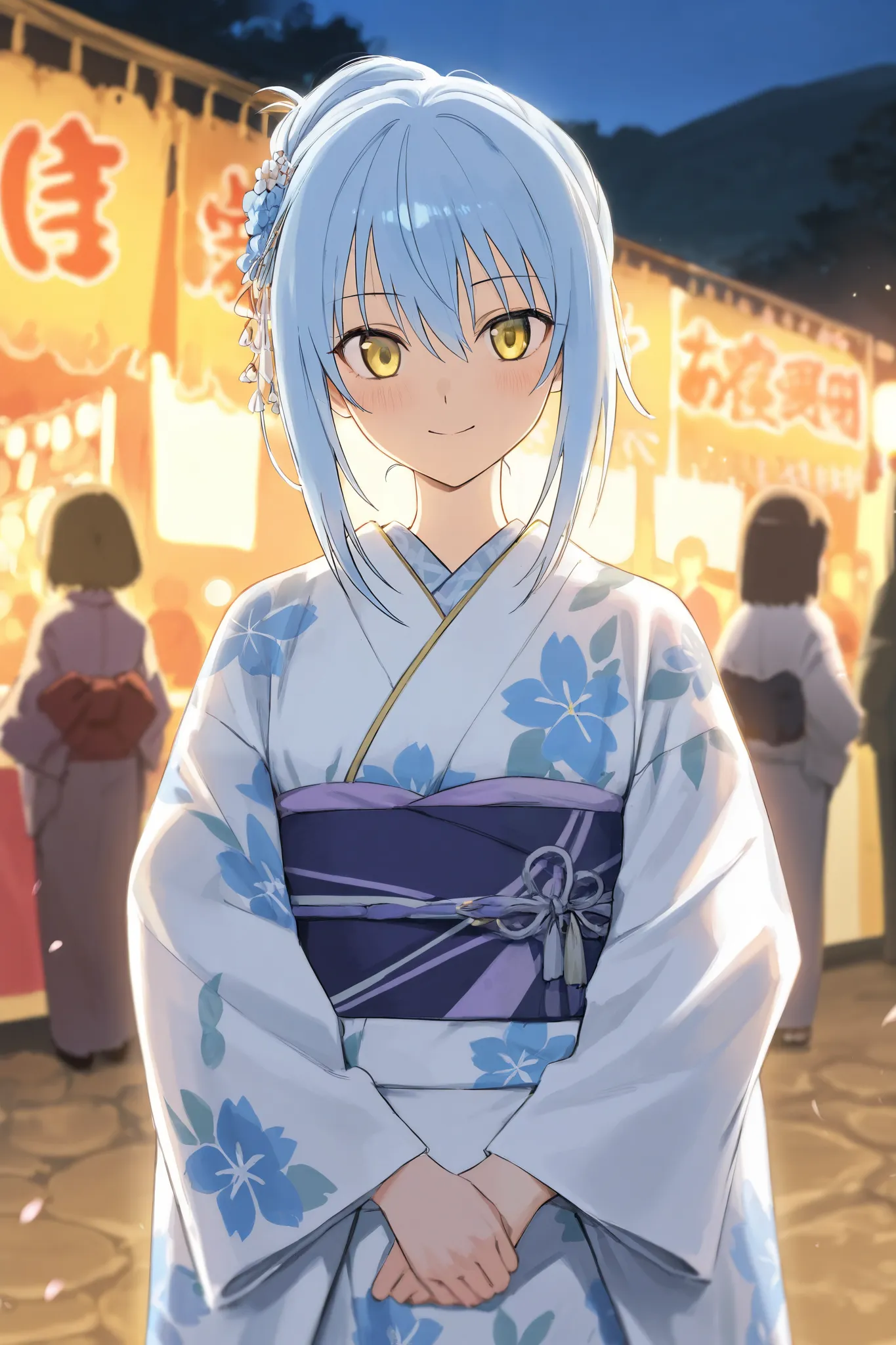 Draw Rimura Tempest's fanart with longs light blue hair and golden eyes and is cute in japanis festival in vilige and heve white kimono and blue flowers on kimono floathing hair  hair robbie 