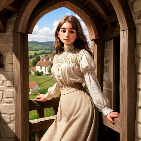 She can be seen from the alley of a small medieval settlement. Mirien, a young woman with delicate features, leans out of the window and looks out on the first floor of a medieval wooden house.

She has beautiful brown eyes and medium-length, straight brow...