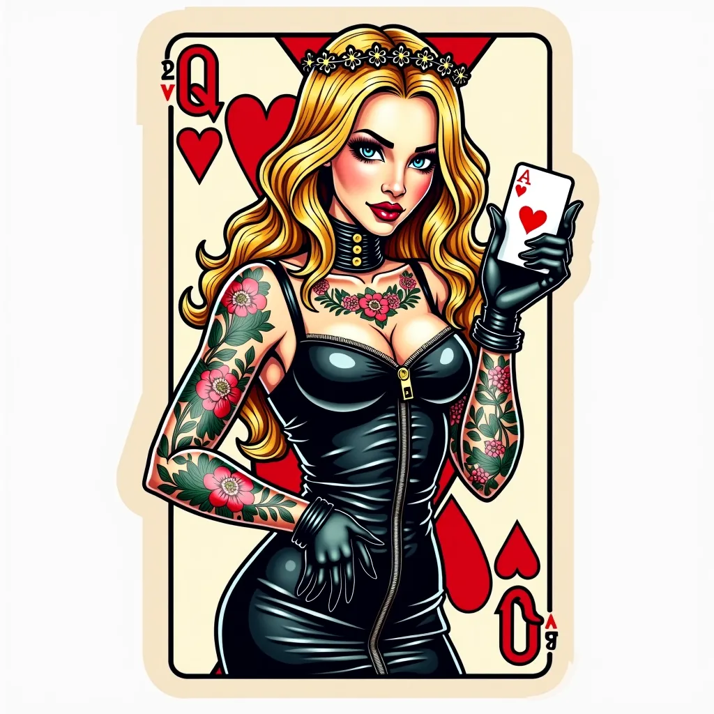 Full playing card with queen of heart's upper body,  blonde poop, shoulder-length hair, im Harlekin style mit Krone, leather dress and wart gloves, tattoo art, Vector, tattoos, in one hand she holds a tattoo machine in the other a poker card, Poker, sie is...