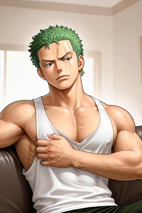 zoro one piece , Without a hat , bigger chist , Sleeveless T-shirt , On the sofa ,  I opened the shirt big