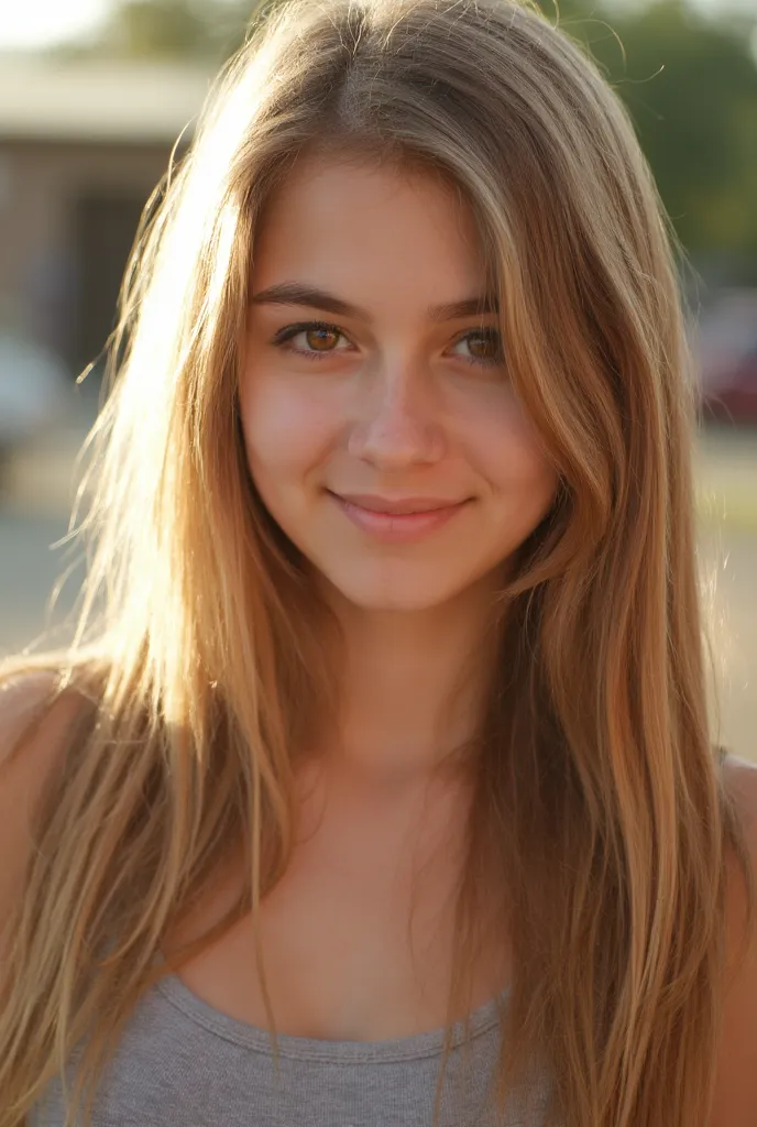 Photographic portrait of a girl,   20 years, long wavy blond hair, parts, , ,  exOutsided shoulders,  gym , Outside,Laura ,Photo up to the waist,  warm light 