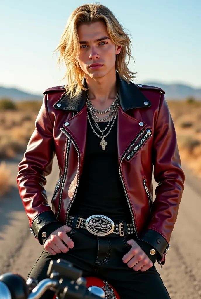 a highly realistic and textured image, I want it to look like real life, a Serbo-Croatian man, long blond hair, very young,  young face, 18 years old, thin, Wine red biker jacket black details, black shirt, silver necklaces , stylish black pants with chain...