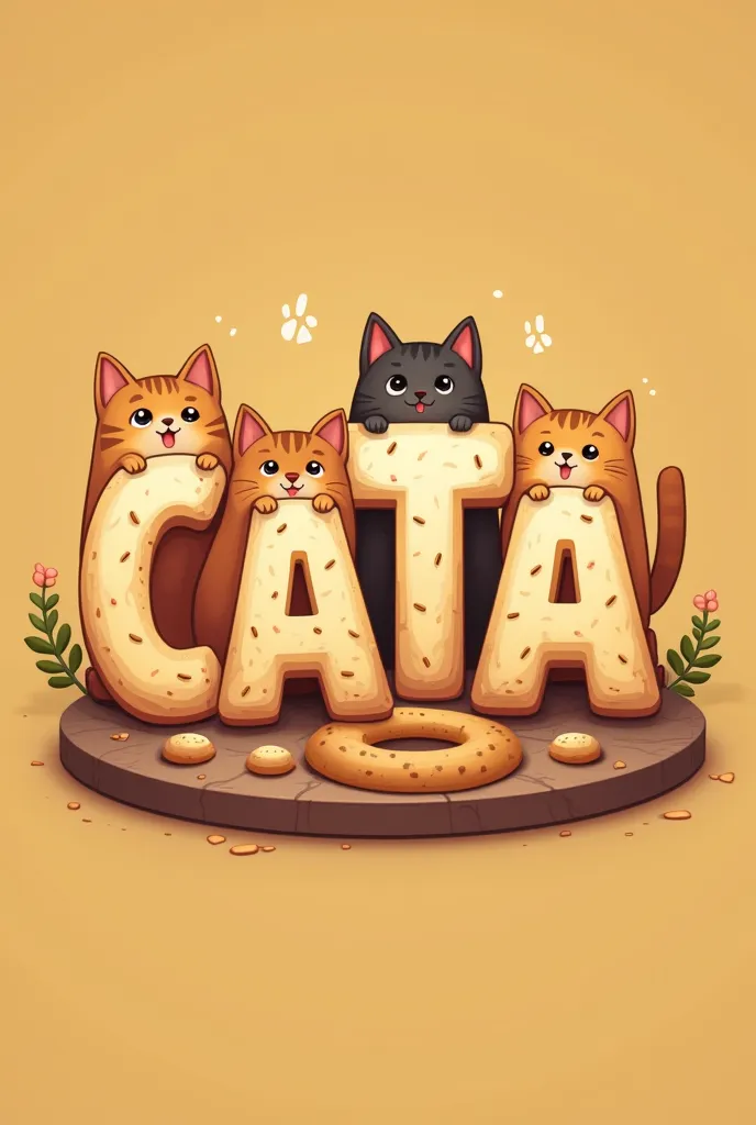 Can you create a logo consist of letters ‘C A T A’ based on bread and cats? A at the end should look like the flat donut.