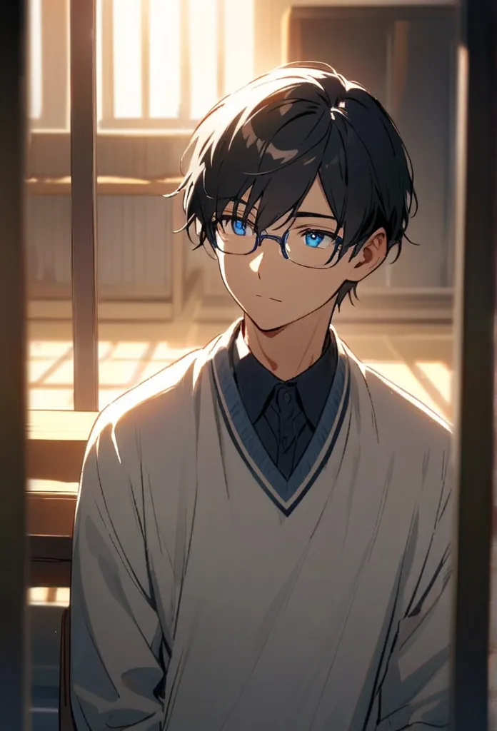 1 boy, black hair, blue eyes, black cloth, handsome, wearing uniform, wearing glasses,