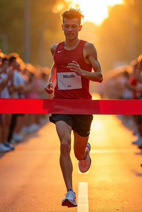 The young male runner crosses the finish line first, his arms slightly raised in triumph. His face shows a mix of exhaustion and overwhelming joy. The crowd in the background is cheering, but he isn’t looking at them—he’s looking down at the stopwatch in h...