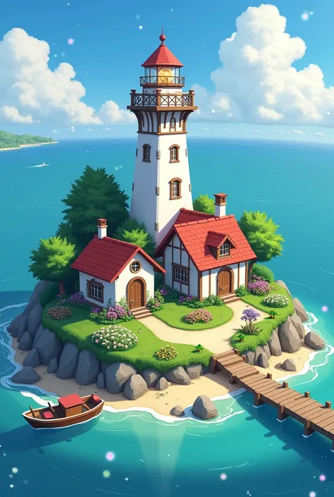 A small island with a lighthouse, two houses next to the lighthouse with a garden each, a pier and a boat
