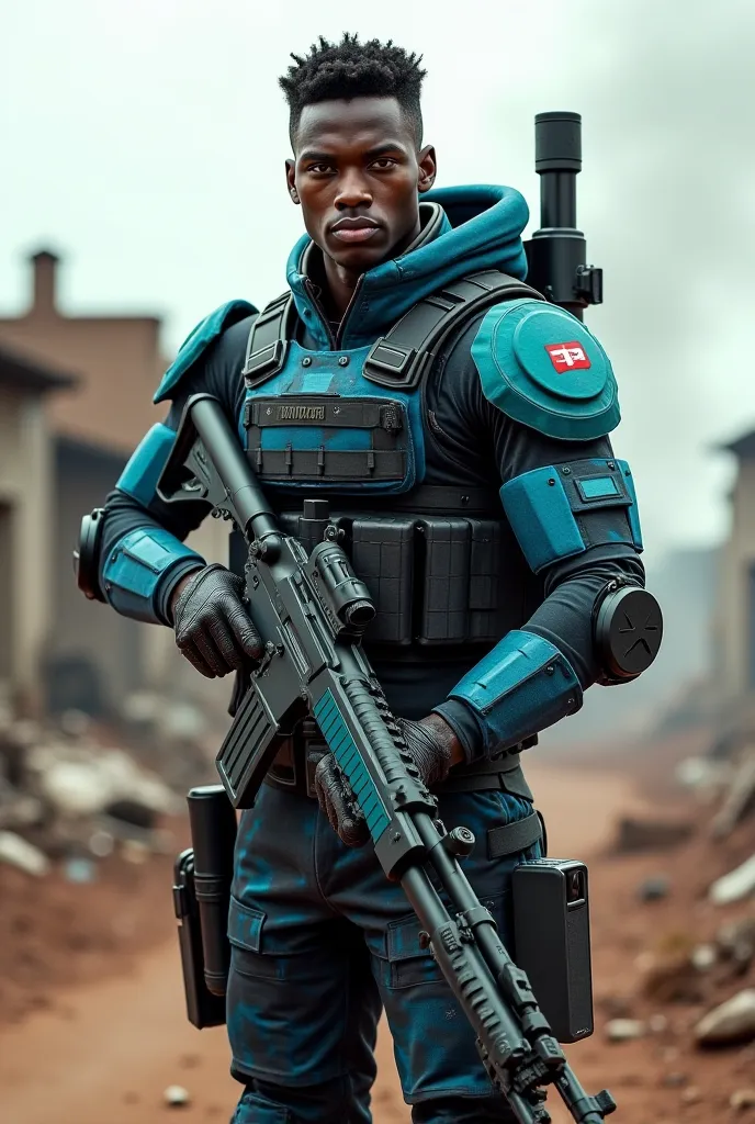 Create me a realistic military soldier, Originally from Ghana, with dark and turquoise equipment 