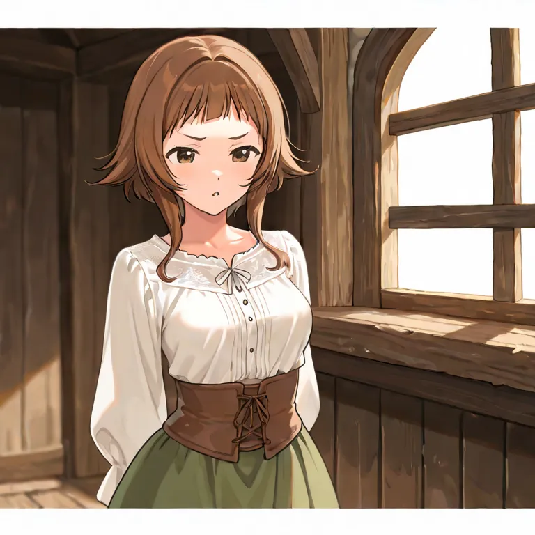 She can be seen from the alley of a small medieval settlement. Mirien, a young woman with delicate features, leans out of the window and looks out on the first floor of a medieval wooden house.

She has beautiful brown eyes and medium-length, straight brow...