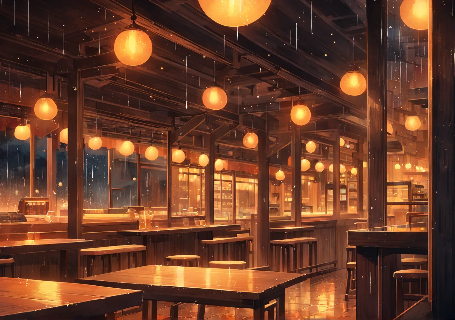 "Cozy autumn cafe at night, inside, horizontal wooden bar table in foreground (focus:1.3), illustrated blurred background, stylized rain on windows, glowing street lamps outside, warm interior lighting, soft color palette, empty seat at horizontal bar, ani...