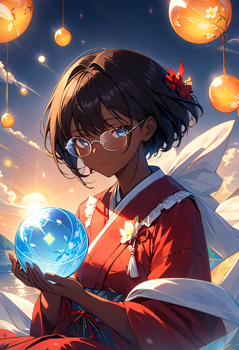 ((1 girl)), anime,  short dark hair,  dark skin on the tip of the mouth, Shiny Glasses Lenses, her mouth is closed and expressionless, sitting, Hold a shining sphere with both hands、and two other glowing spheres revolve around it.