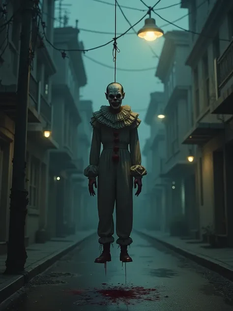 a creepy clown with severed bloody head, eerie expression, hanging on the noose under flickering streetlamp on deserted gloomy city street, 4k, photorealistic, highly detailed, cinematic lighting, dark moody atmosphere, horror, concept art