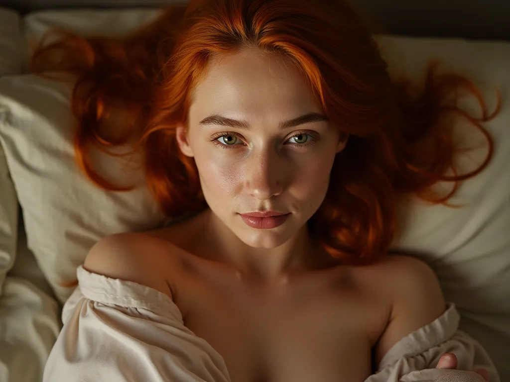 redhead, selfie, sitting on the bed, realistic, 18K