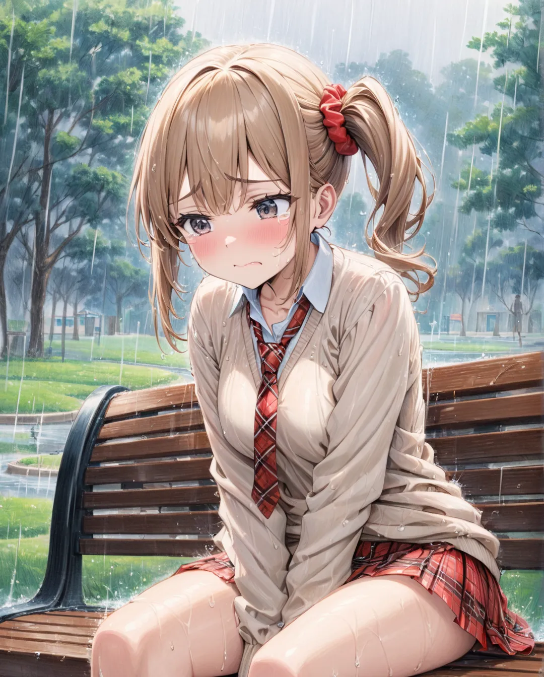 (( style:Colored pencil, Light color)), ( masterpiece:1.2), (Ultra-detailed, best quality), A beautiful anime-style girl with light brown hair in a side ponytail held up by a red scrunchie is sitting on a park bench. It is raining. She has black eyes, flus...