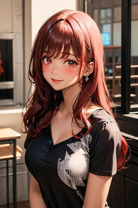 Masterpiece, ((1 girl, Red Hair, Tan Skins, Brown Skins, Dark Skins)), ((Best Quality)), (Ultra-detailed), Highly detailed, ((Big Breasts)), ((Close up)), Perfect Lighting, Perfect background, ((Long Hair, Red Hair, Brown eyes, Blunt bangs, Sweep bangs)), ...