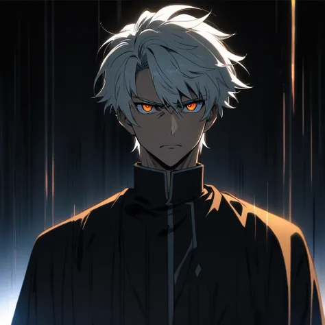 High quality, handsome male, white hair, short black hair, sharp eyes, orange eyes, well trained body, upper body, looking at viewer, black cloth, black uniform, annoyed face expressions, anime