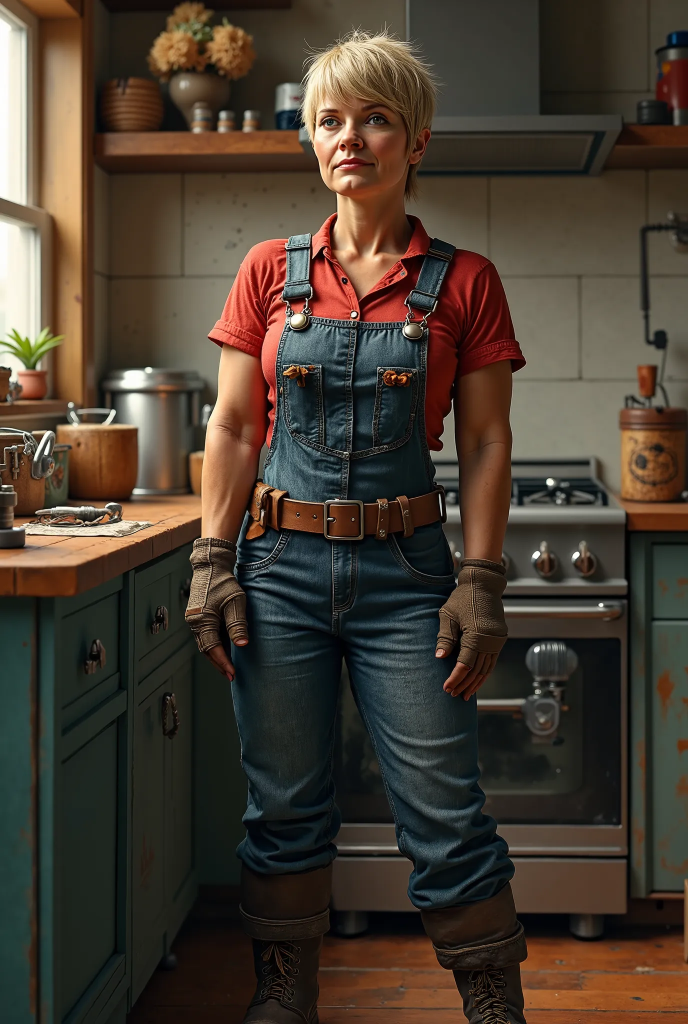 Middle-aged woman with very short blond stubby hair and strong arms and an angular wide face works standing in work shoes as a plumber at a stove