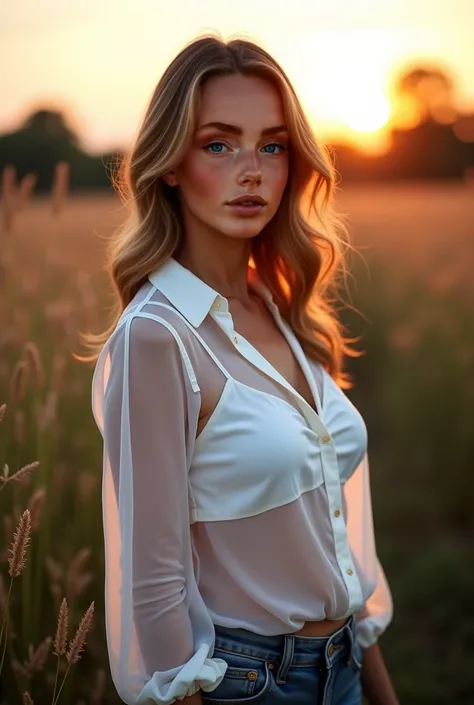 The image is a portrait of a medium mature lady standing in a field of tall grass and bushes. She is wearing a white blouse with long sleeves made of a transparent net texture, and a sheer top that covers her lower body. Her hair is styled in loose waves, ...