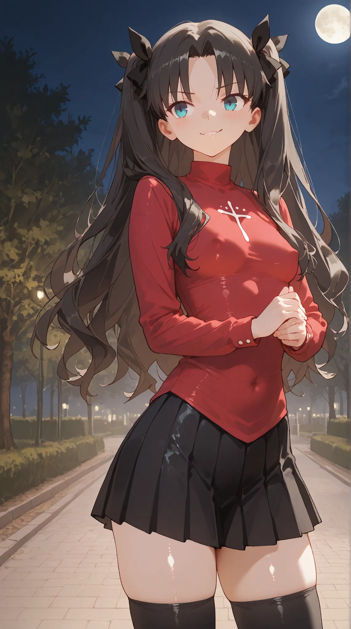 rin tohsaka, long hair, blue eyes, black hair, ribbon, hair ribbon, two side up, small breasts, skirt, thighhighs, long sleeves, pleated skirt, black thighhighs, black skirt, sweater, turtleneck, red sweater, park outdoor, at night, full moon, shiny skin, ...