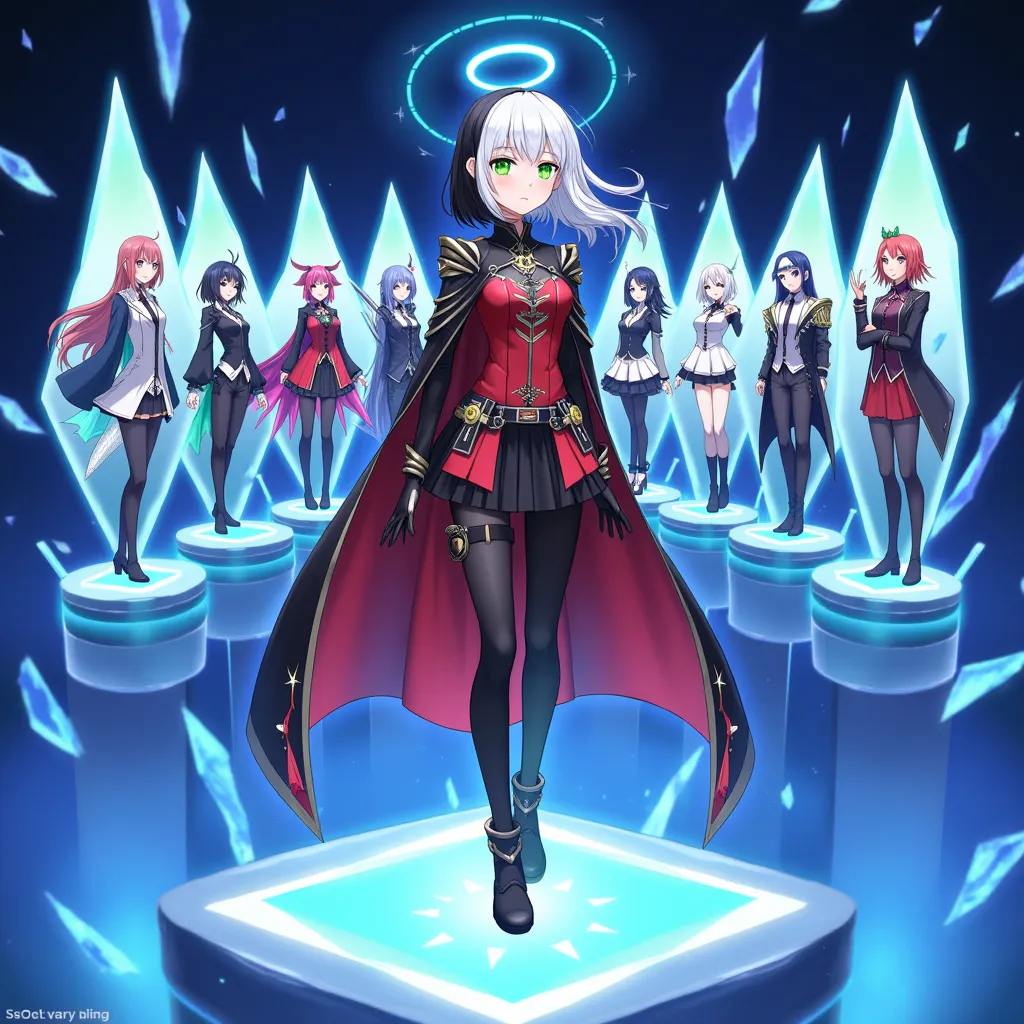 An anime style illustration featuring a main female character with white hair on the right side and black on the left side, green glowing eyes, and a halo floating above her head. He wears futuristic-style clothing in red and black with decorative stars an...