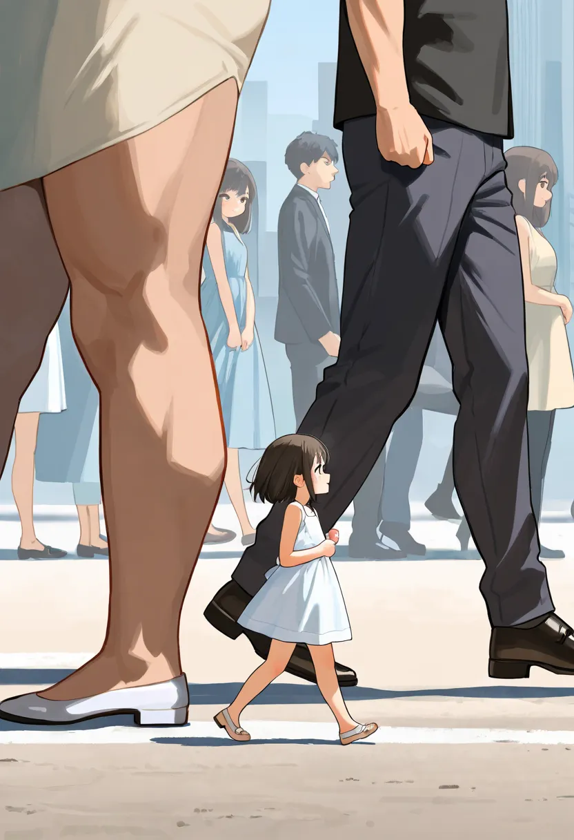 (cute tall males walking outside: 1.2), side view, full body, (height difference: 1.1), a group of girls on the ground, (macro size: 1.1), (closeup legs), dresses