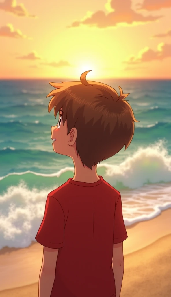 "A  boy with short brown hair and a red t-shirt, standing on a sandy beach, gazing at the ocean. The waves are gently crashing, and the sun is setting in the distance, casting a warm golden glow across the sea. The boy looks happy and relaxed as the breeze...