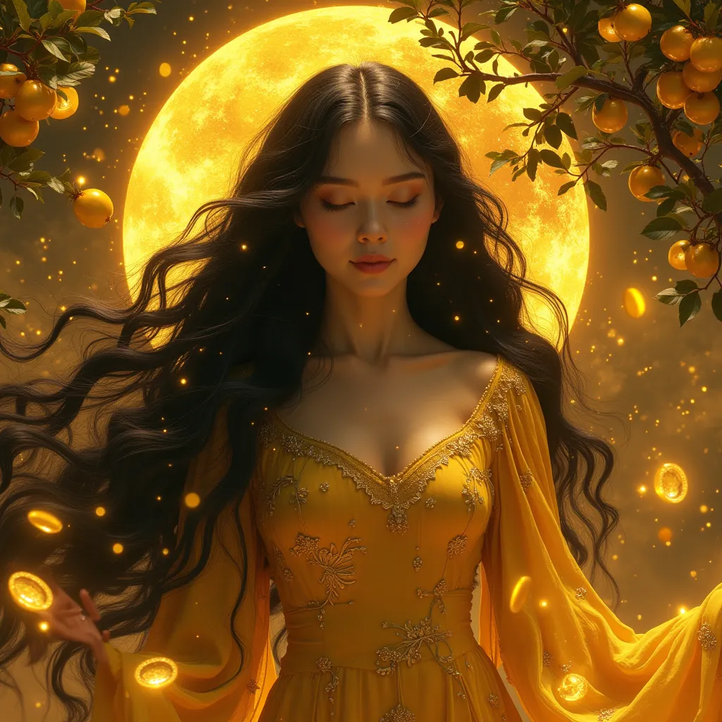 1 Goddess,   Black Long Hair，Hair tips dyed gold ，Physics-based rendering,  Extremely detailed description ,  major ,  moon、Starlight、Glowing gold coins from the sky、big tree full of gold apples、All land is gold、satisfy、Smile，high quality, Best Quality, ma...