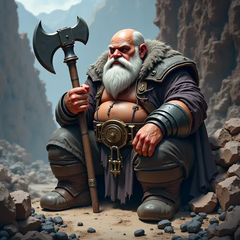 I want you to do this dwarf on a pile of rubble, I would be sitting and tired, instead of an axe it would have a pick and there would be some materials such as iron or coal around 