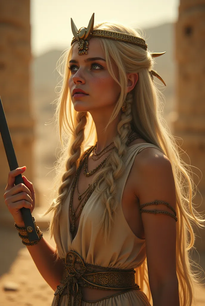 white skin blonde girl with Straight Half Up Half Down Braided Hair in slave clothes with golden thorn crown on her head and egyptian khopesh in her leftwaist looking at the sun