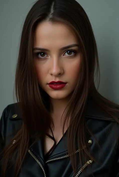 RAW Photo of Slavic woman in her 35s, (long light brown straight hair, pale skin), Perfect skin quality，dark red lipstick, black leather sexy clothes, hyperrealistic skin, art photography, Cinematic Lighting, Nikon D850, camera f1.6 lens ,hyper realistic ,...