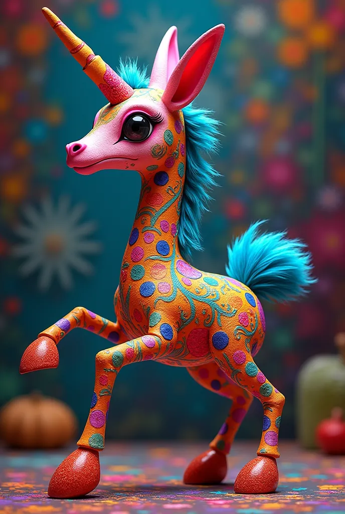 Create an image of an Alebrije with the body of a unicorn and a giraffe's neck and a donkey's tail.