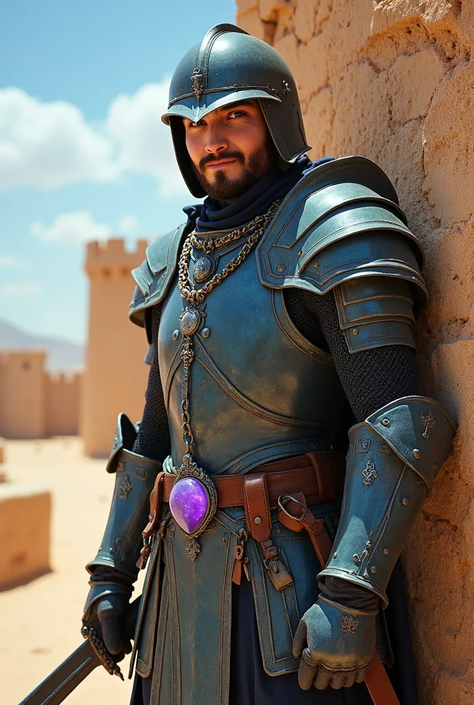  check_9, fantasy; 1 guy; knight ,fit;jumpsuit in light blue metal armor, wearing a black; knight helmet with visor; young, bright, clean-shaven face;belt with bags, sword in hand; necklace with a glowing purple crystal,   desert, on the wall of a sandy fo...