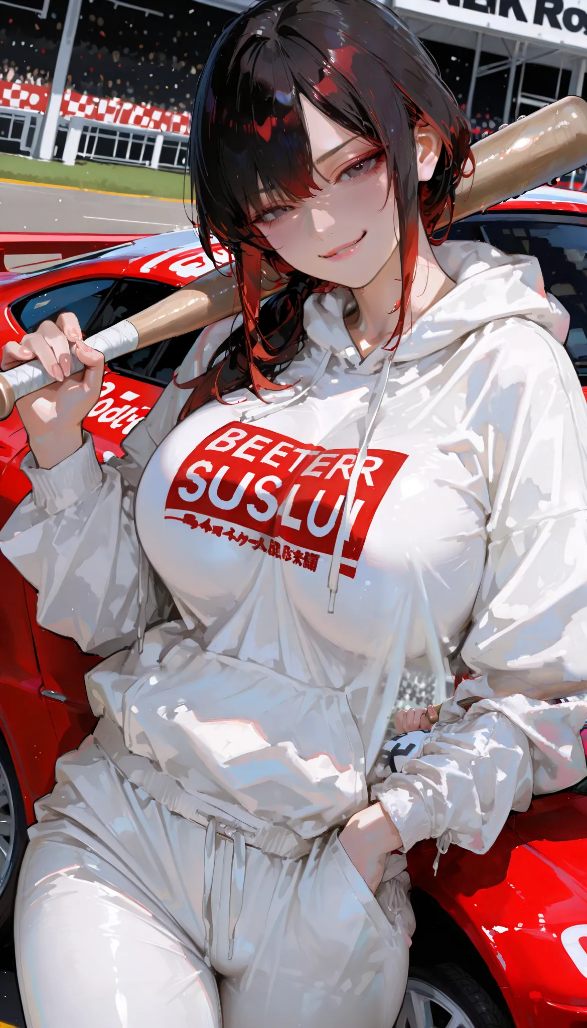 20 years old,1 mature woman,hyperrealistic, 8k, (extremely detailed 8k), (very delicate and beautiful), (masterpiece, dynamic angle), (better quality:1.0), (ultra high resolution:1.0), (masterpiece, best quality),cute,black hair,cowboy shot,race car backgr...