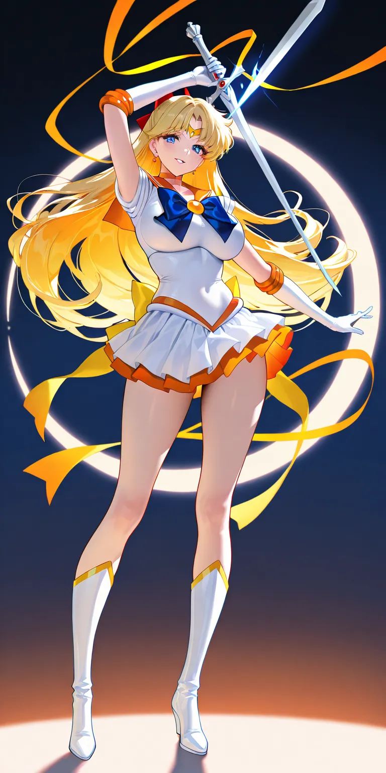 Masterpiece, elegant mature woman, sailor venus\(sailor venus\), tall body, big breast, white sailor senshi uniform (white shirt, white gauntlets, white skirt, white high boots, yellow ribbon on the hips, orange color in inner layer skirt), full body, part...