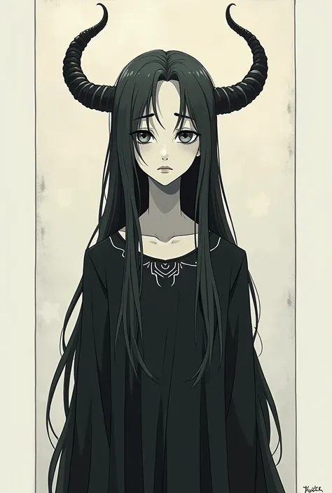 Catholic Virgin with horns sad without eyes , Linear  ,minimalist , drawing , anime , simple , sad , Gothic