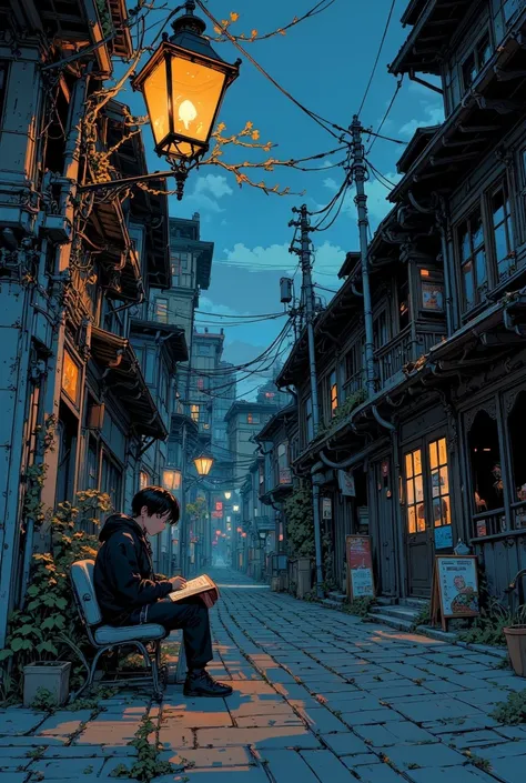 A solitary young man sits beneath a softly glowing street lamp on a quiet cobblestone street. He is engrossed in a book, with the warm light casting gentle shadows across his face and illuminating the pages. The scene is set during a tranquil evening, with...