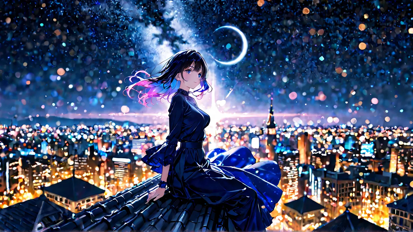 Beautiful Girl,on the roof of the building,Soft Breeze,City, crescent,attractive expression,elegant behavior,Ultra fineな描写,vibrant colors,Bokeh,Elegant,moonlight,soft light,deep color,4K,8k,High Resolution,MASTERPIECE,Ultra fine,HDR,UHD,Studio Lighting,ult...