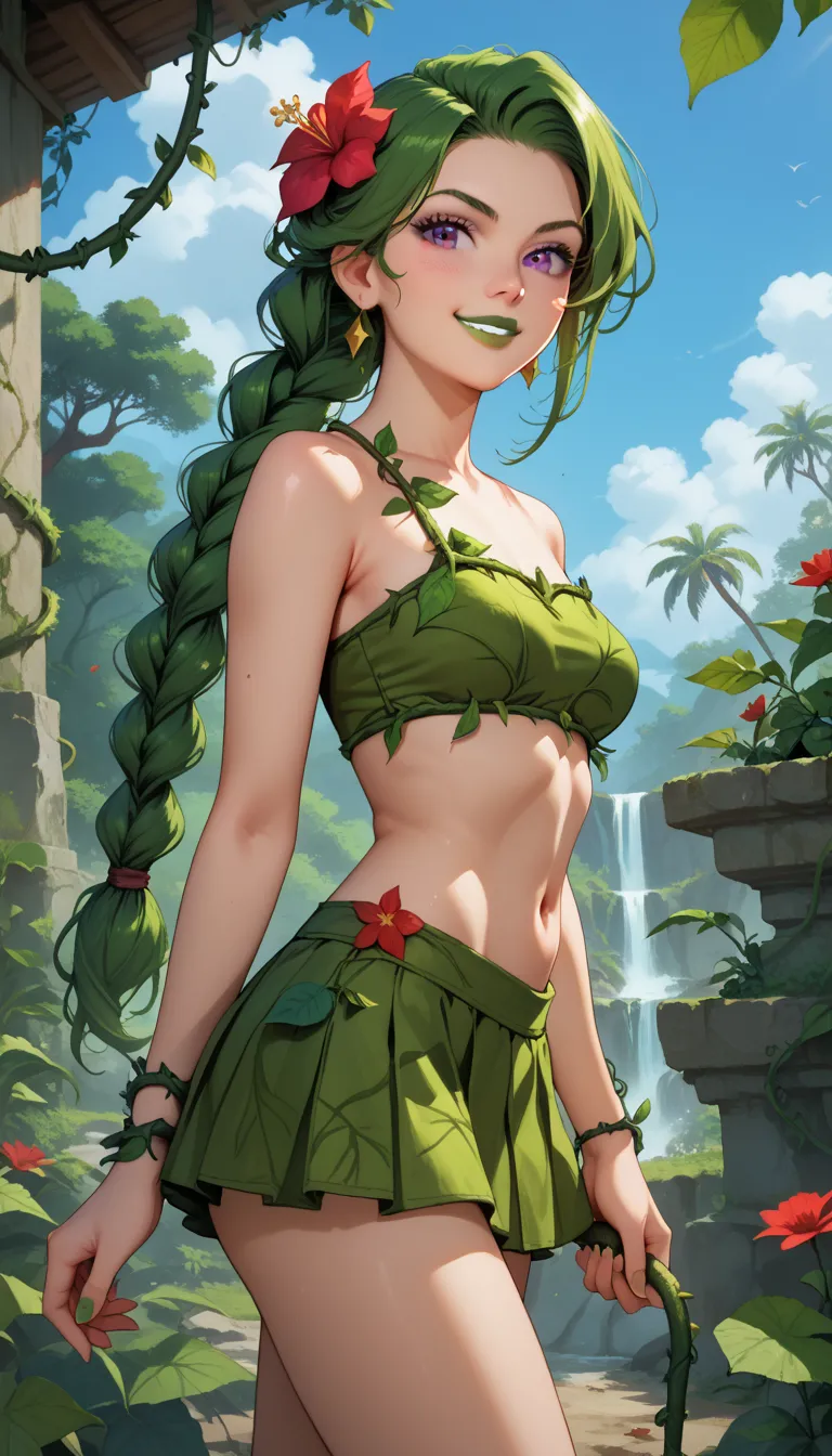 High-quality, High resolution, masterpiece, jungle background, looking at viewer, solo, slender body, Dryad, girl, green lips, vines, red flower, purple eyes, green hair, long braid, smirk, leaves on vines, leaf mini skirt, vines mini skirt, vines on wrist...