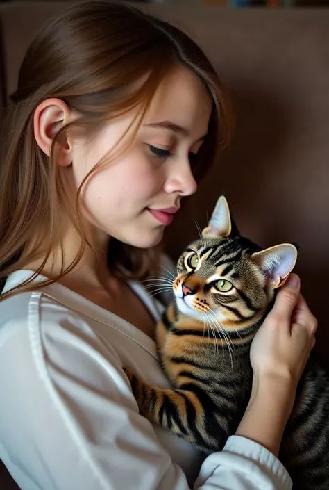 Close-up of the face and bust of light brown-haired girl wearing a modern blouse and sitting on a velvet armchair.  Elegantly caress the head of a dark brown tiger cat that is crouching in its arms.  The girl's and cat's necks are clearly visible, the cat ...