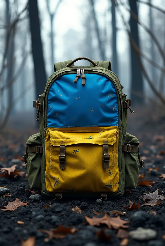 Military backpack wrapped in the flag of Ukraine, against the background of the forest after the fire 