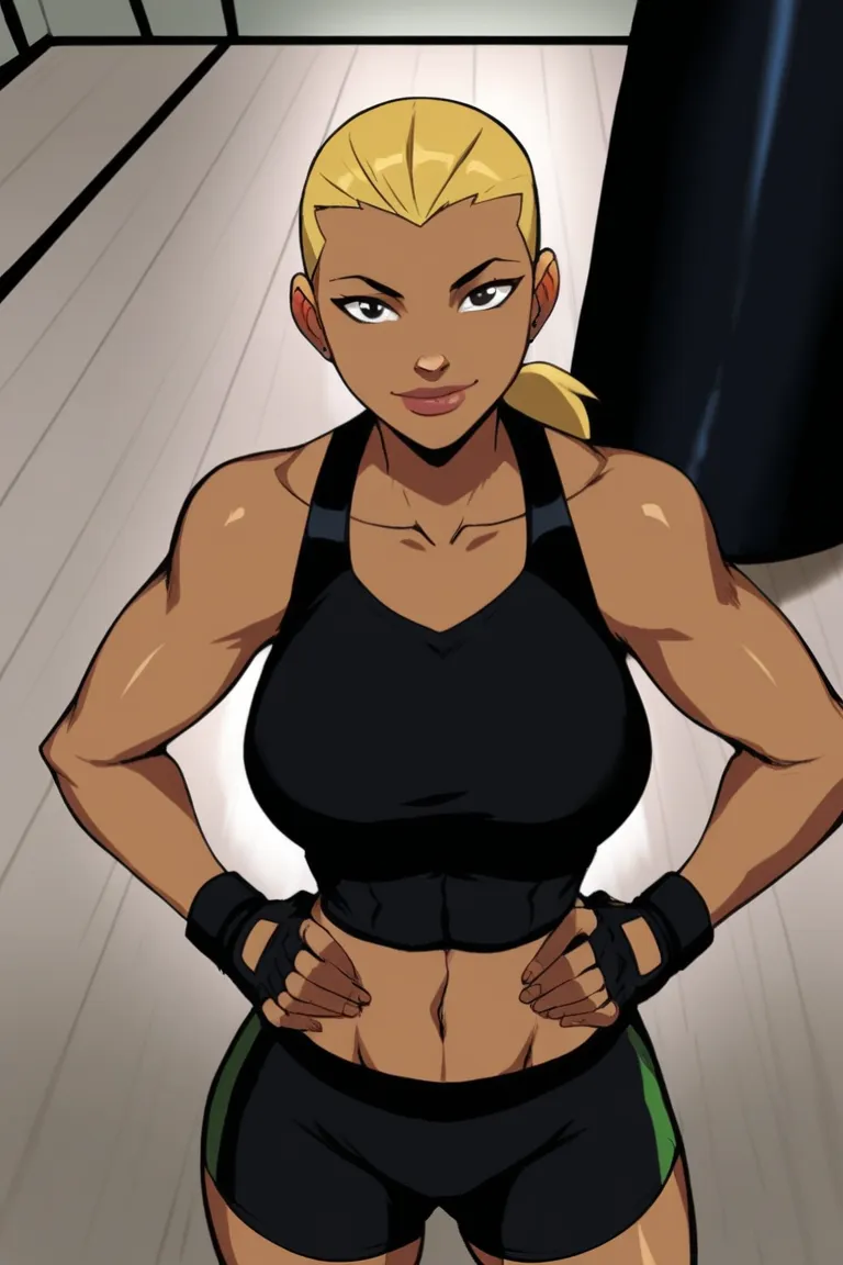 score_9, score_8_up, score_7_up, source_cartoon,artemis, blonde hair, ponytail, big lips, dark skin, large breasts, dark brown crisscross sports bra, dark brown spandex shorts, dark brown boxing gloves, BREAK standing, smile, closed mouth, sultry expressio...